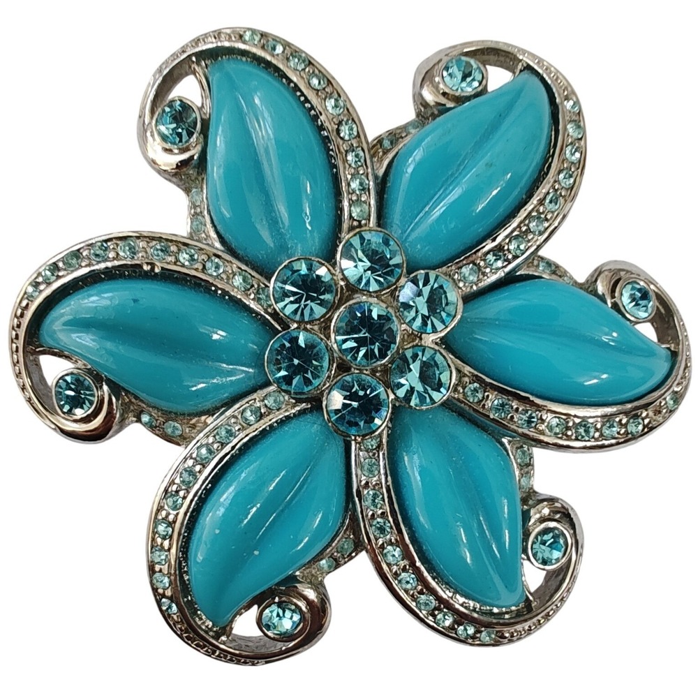 Brooch Pin Turquoise Blue Silver Tone Rhinestone‎ Cabochon Floral Jewelry